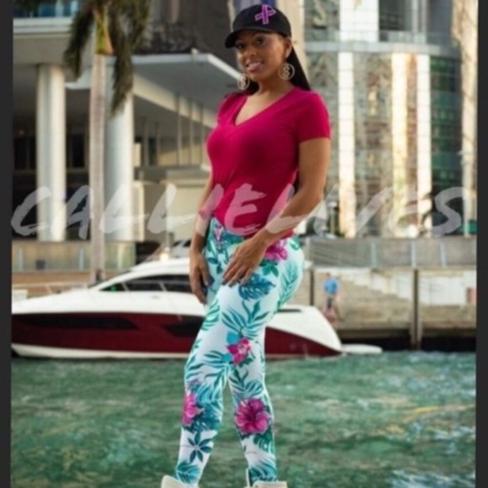 Callie 3D Paradisio: Leggings Floral Plant Graphic Navy & Mint - Picture 3 of 9